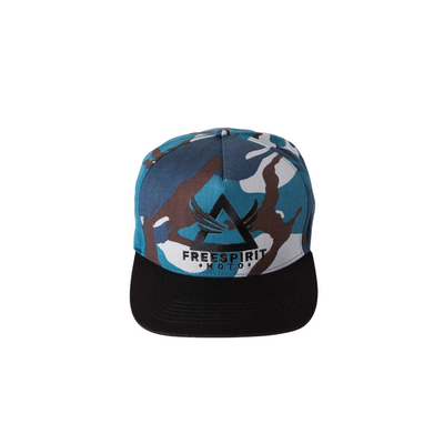 Flat Brim 5 Panel Cap in Blue Camo